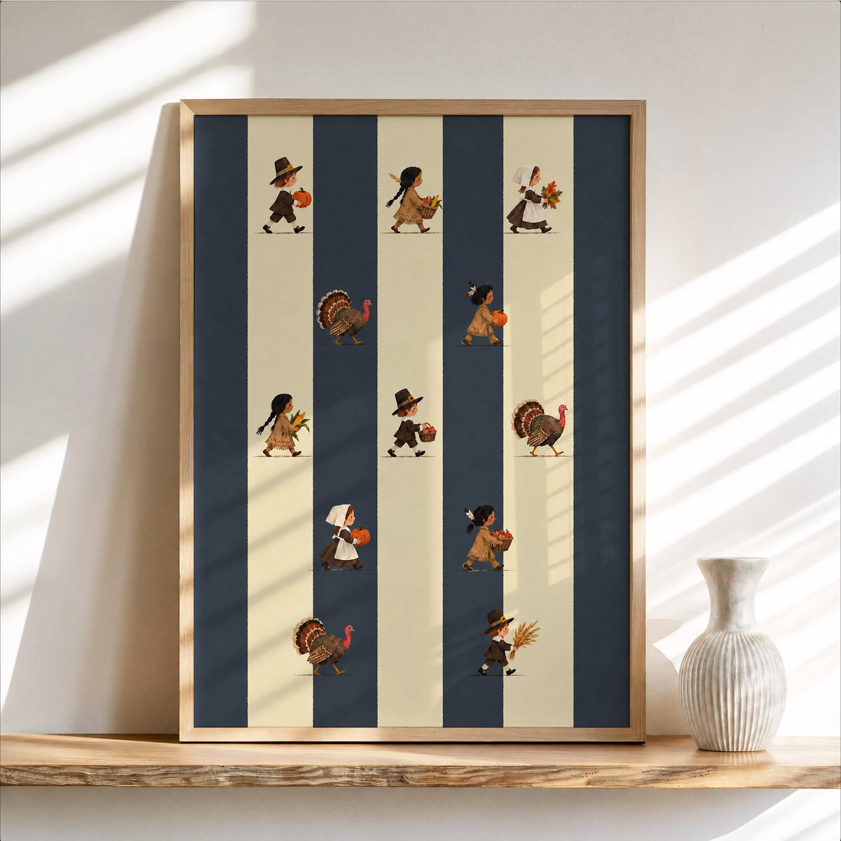 Thanksgiving Kids Wall Art, Vintage Harvest Parade Poster, Turkey Pumpkin Print, Striped Fall Decor, Autumn Family Holiday Wall Art