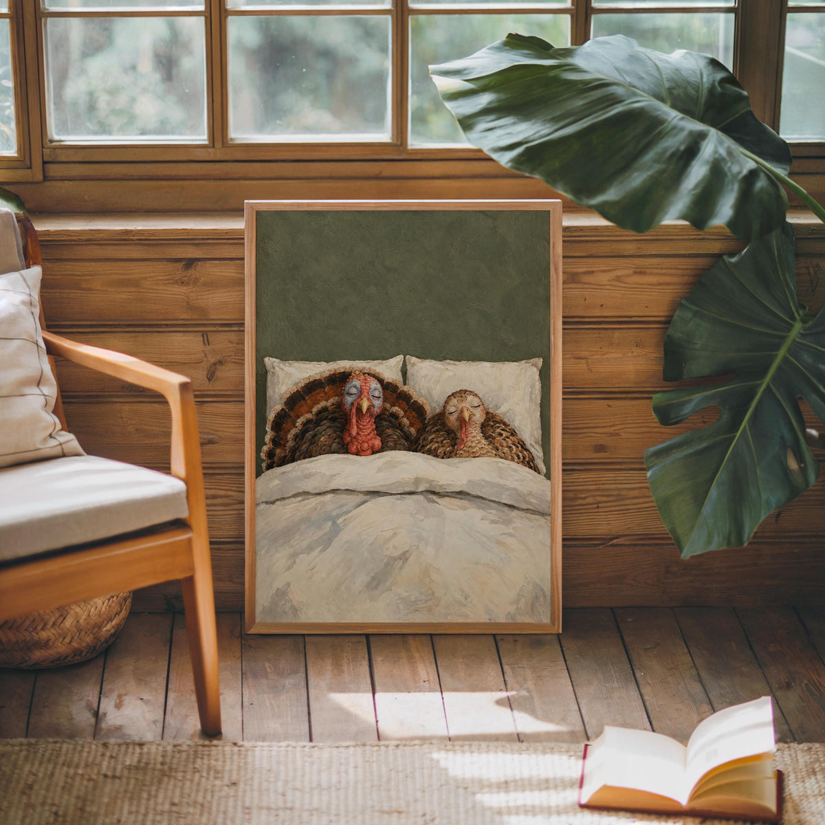 Sleeping Turkey Wall Art, Funny Thanksgiving Bedroom Print, Whimsical Farmhouse Poster, Cozy Fall Animal Decor