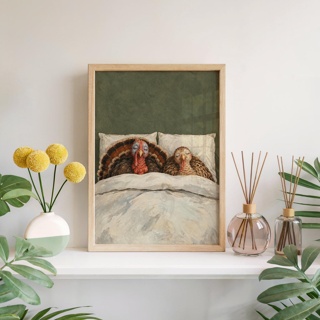 Sleeping Turkey Wall Art, Funny Thanksgiving Bedroom Print, Whimsical Farmhouse Poster, Cozy Fall Animal Decor