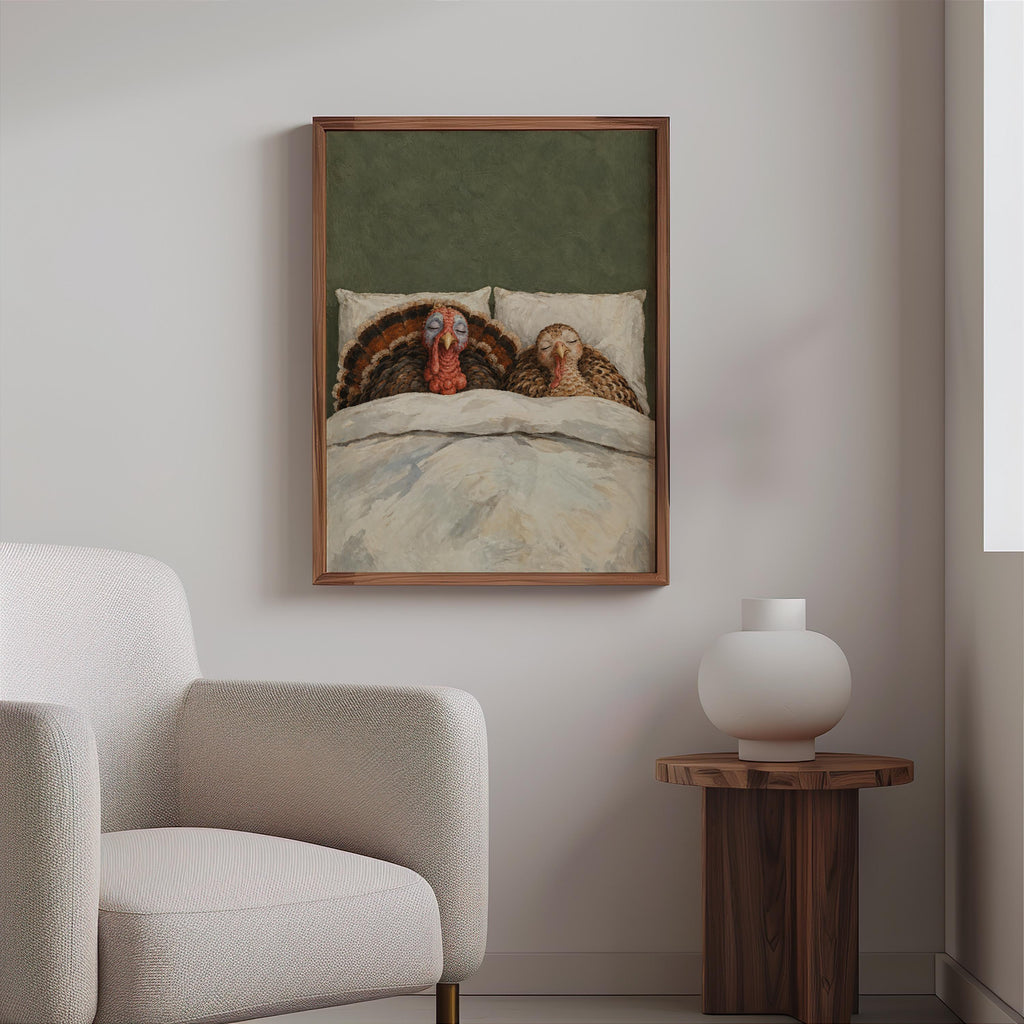 Sleeping Turkey Wall Art, Funny Thanksgiving Bedroom Print, Whimsical Farmhouse Poster, Cozy Fall Animal Decor