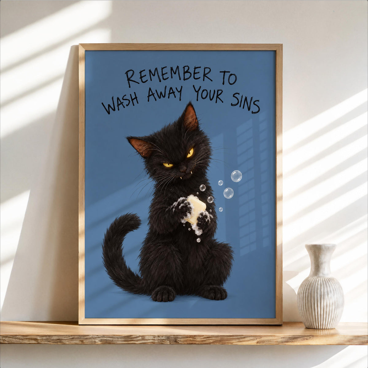 Funny Black Cat Bathroom Print, Remember to Wash Away Your Sins Wall Art, Quirky Restroom Quote Poster, Yellow Animal Loo Sign Decor