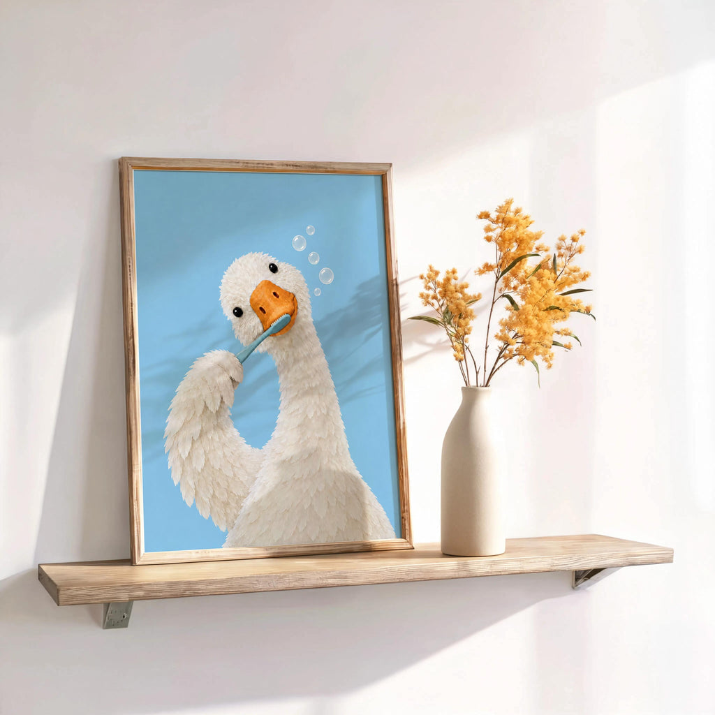 Silly Goose Brushing Teeth Print, Toothbrush Duck Wall Art, Funny Bathroom Poster, Animal Bath Decor, Fun Kids Decor, Nursery Illustration