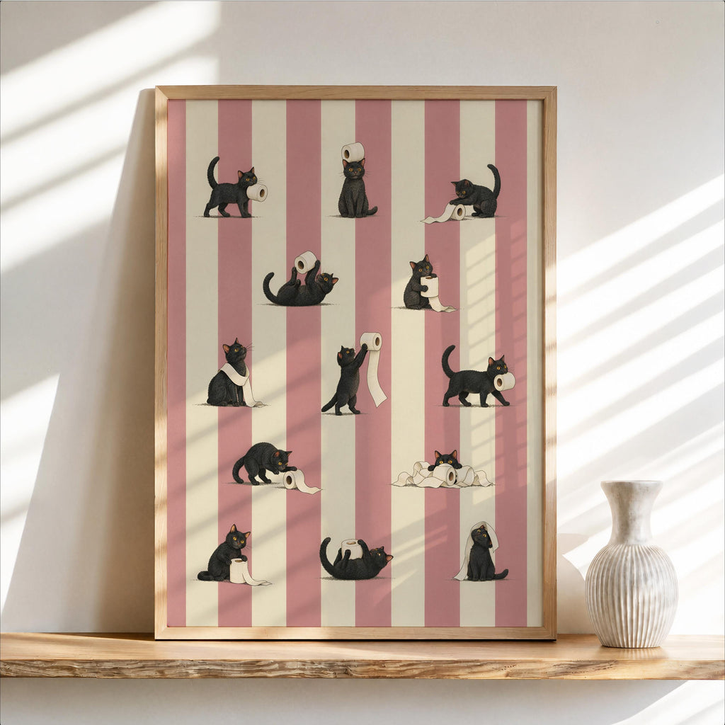 Cat Bathroom Print, Funny Toilet Paper Cats, Vintage Striped Animal Wall Art, Quirky Restroom Decor