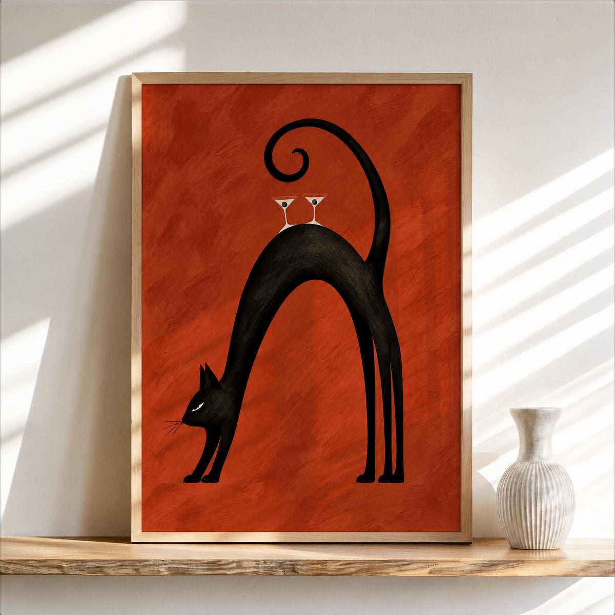 Black Cat Martini Wall Art, Abstract Pet Balancing Cocktails Print, Funny Bar Cart Poster, Retro Animal Lover Decor Gift