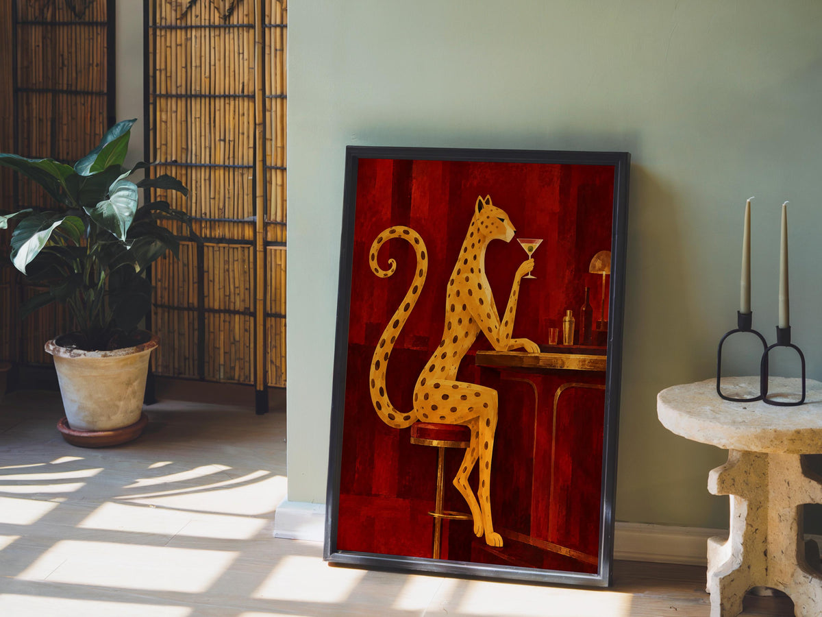 Leopard Drinking Cocktail Print, Red Martini Bar Wall Art, Abstract Big Cat Poster, Vintage Lounge Decor, Funny Feminine Canvas