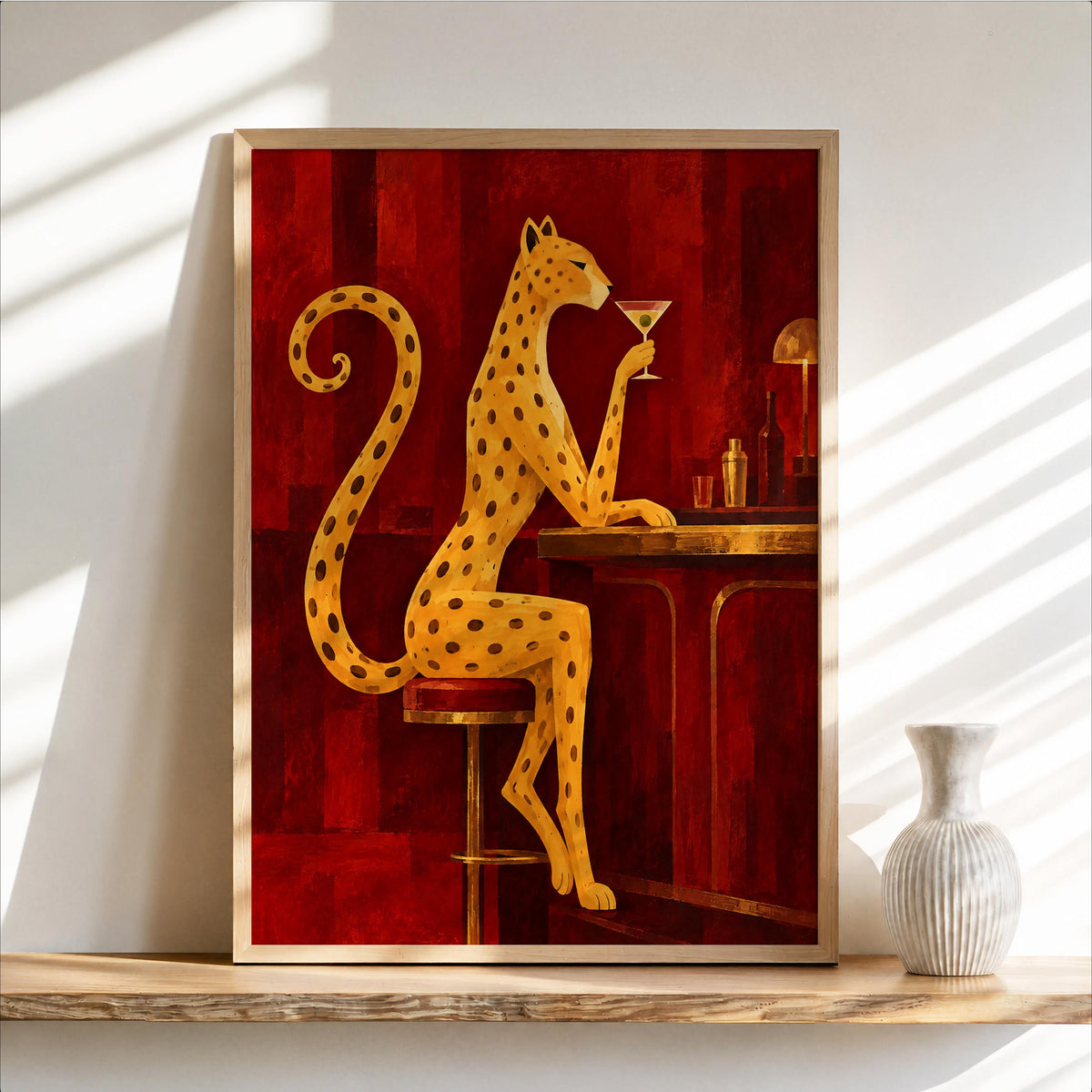 Leopard Drinking Cocktail Print, Red Martini Bar Wall Art, Abstract Big Cat Poster, Vintage Lounge Decor, Funny Feminine Canvas