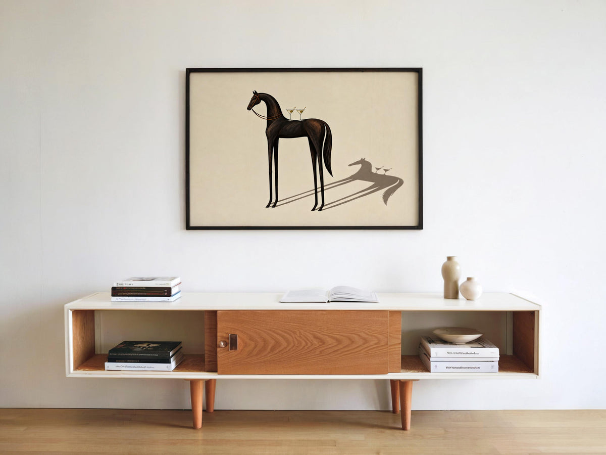 Equestrian Martini Poster, Elegant Black Horse Wall Art, Surreal Cocktail Print, Abstract Animal Lover Decor