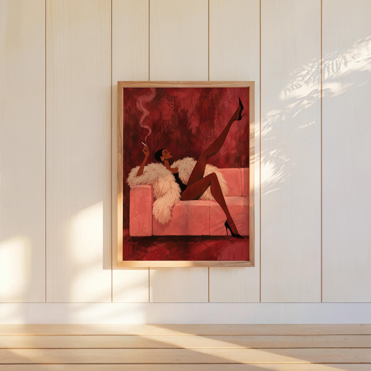 Vintage Glamour Smoking Woman Wall Art, Abstract Afrocentric Print, Red Pink Mid Century Poster, Feminine African American Statement Decor