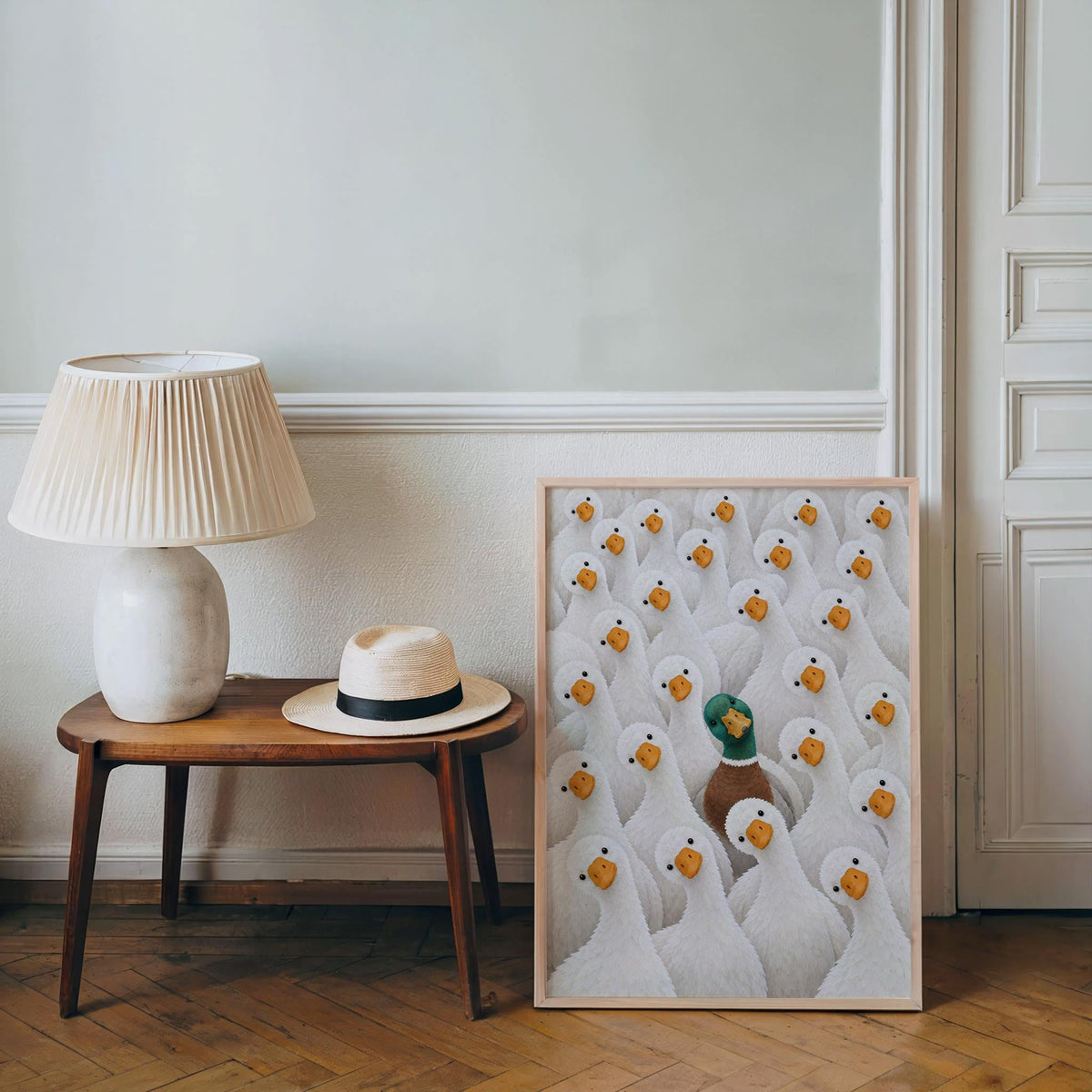 Funny Duck Wall Art, Mallard Among White Ducks Print, Quirky Bathroom Animal Poster, Bird Lover Kitchen Decor, Eclectic Canvas