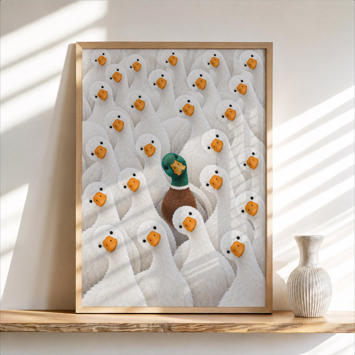 Funny Duck Wall Art, Mallard Among White Ducks Print, Quirky Bathroom Animal Poster, Bird Lover Kitchen Decor, Eclectic Canvas