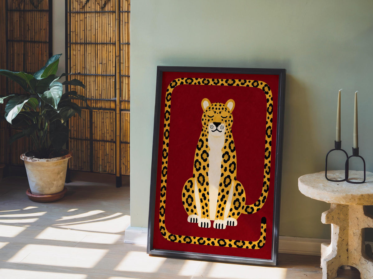 Relaxed Leopard Wall Art, Big Cat Print, Safari Jungle Animal Decor, Eclectic Wildlife Poster, Maximalist Nursery Home Decor