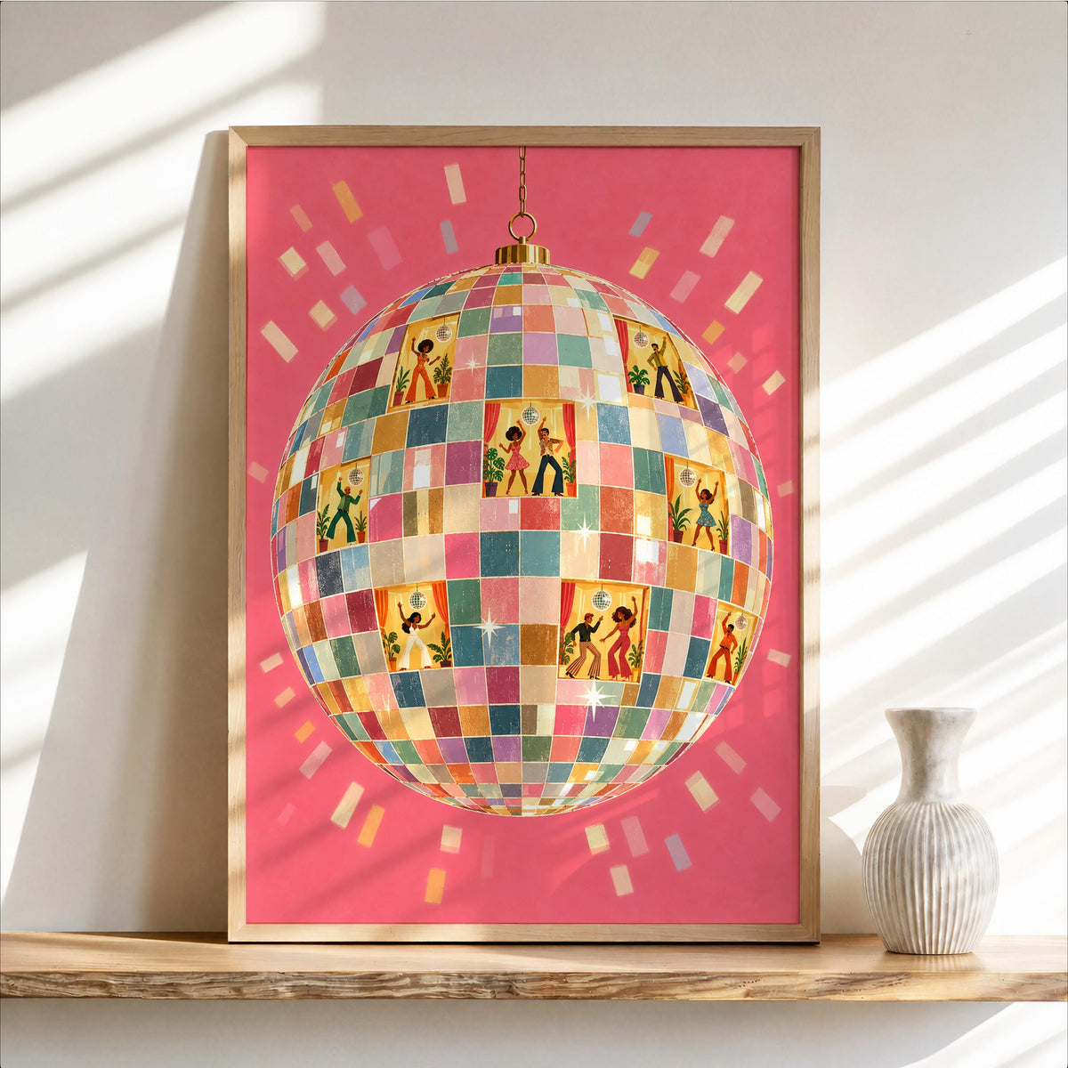 Retro Disco Ball Dancers Wall Art, 70s Dance Party Print, Funky Music Poster, Dopamine Decor, Groovy Dancing Lovers Illustration